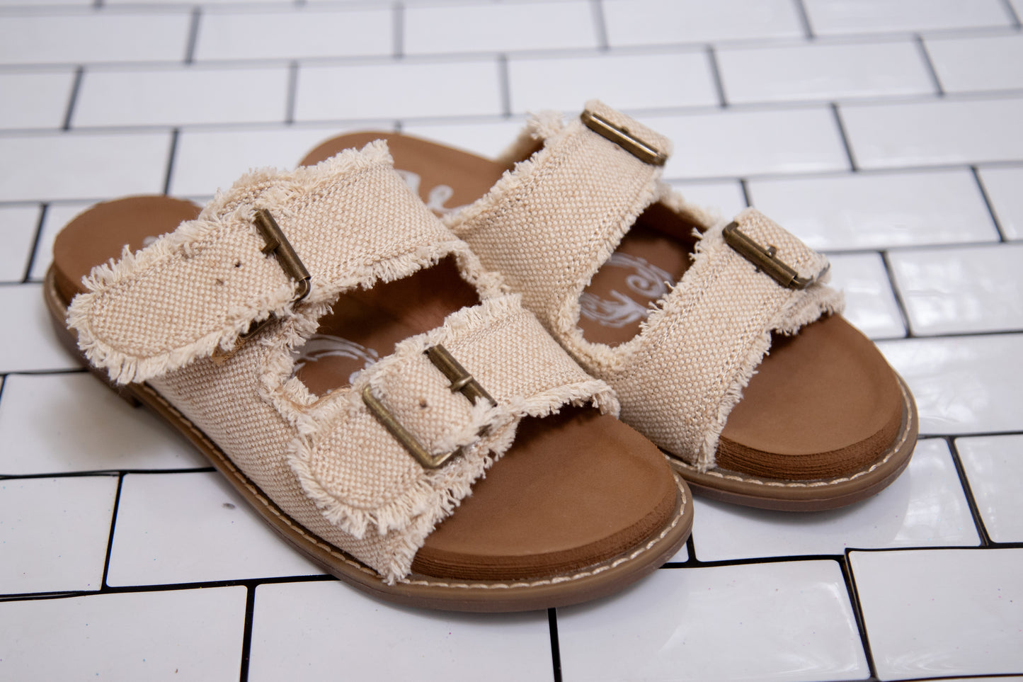 Very G Slip-On Sandal for Women – Buckle Detail, Frayed Fabric, Soft Footbed (Cream, Multi, Leopard)