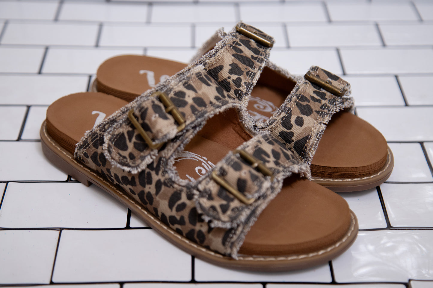 Very G Slip-On Sandal for Women – Buckle Detail, Frayed Fabric, Soft Footbed (Cream, Multi, Leopard)