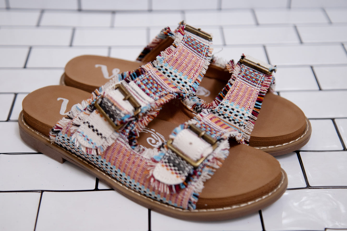 Very G Slip-On Sandal for Women – Buckle Detail, Frayed Fabric, Soft Footbed (Cream, Multi, Leopard)