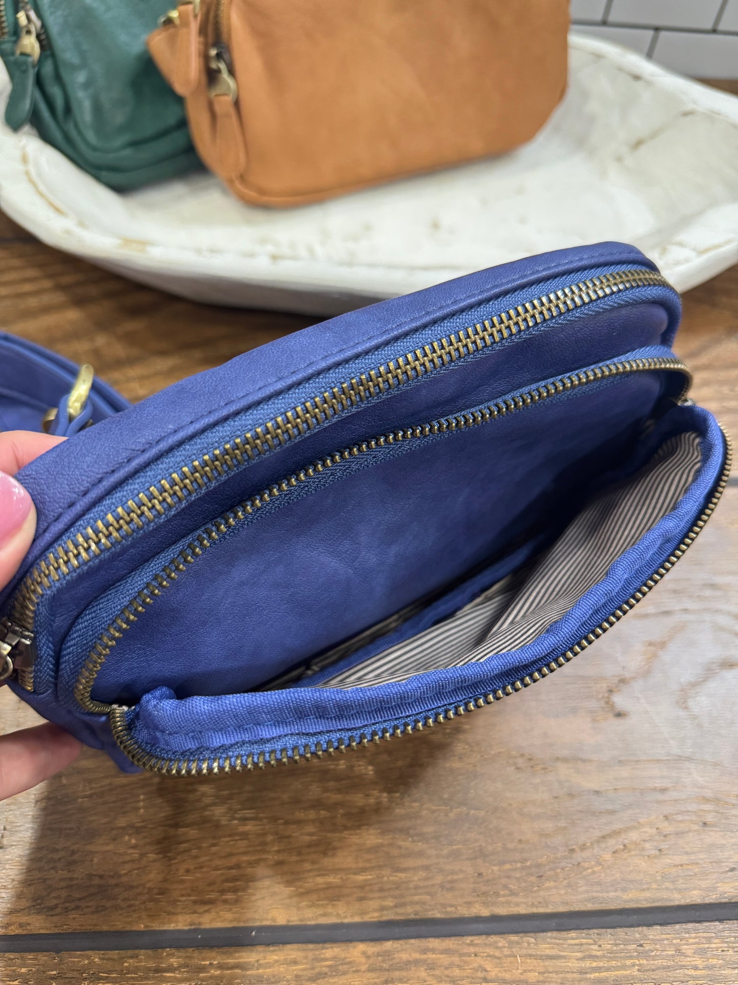 Joy Susan Kylie double zip vegan leather sling bag