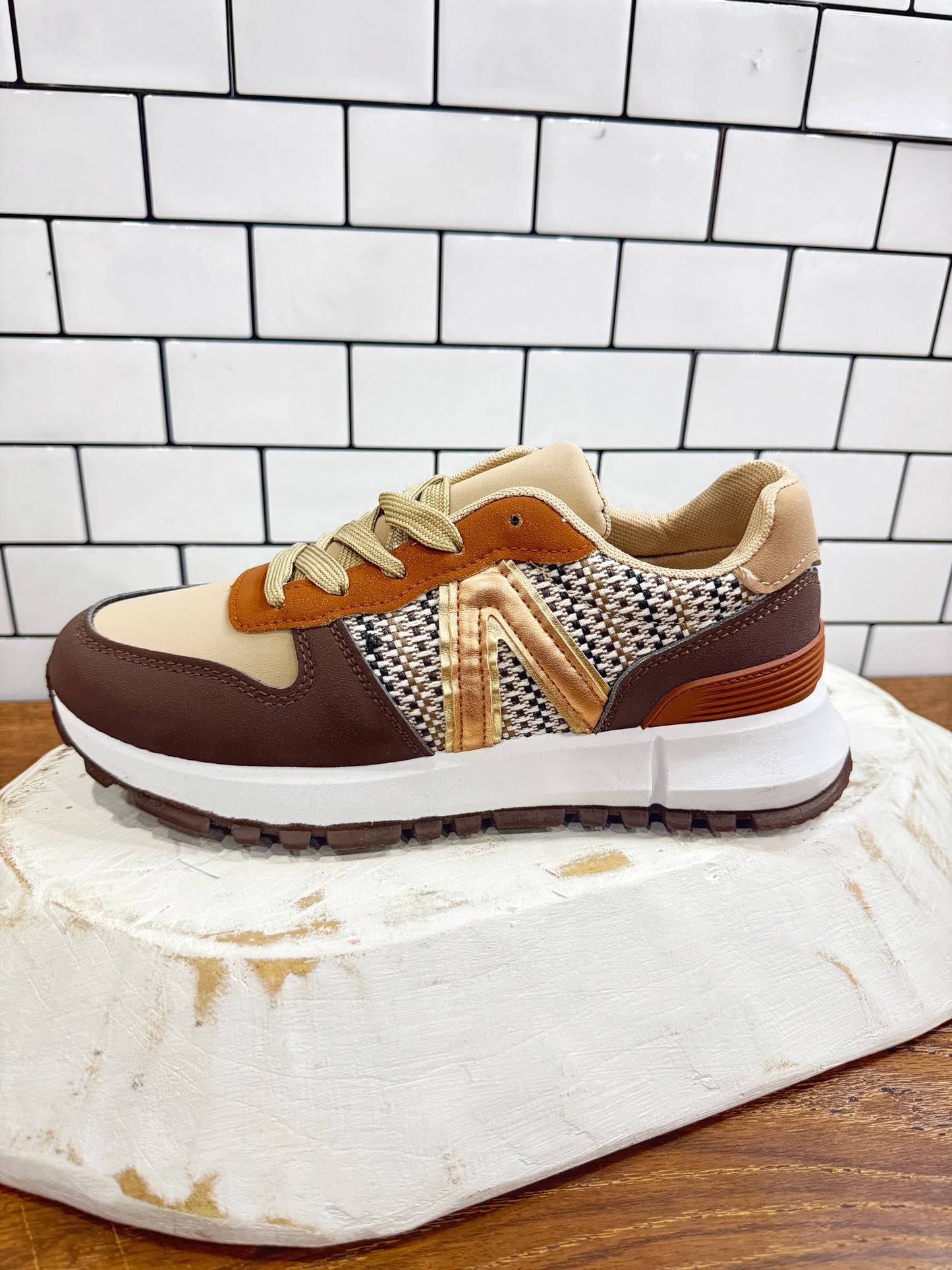 Tan and brown retro patchwork sneakers with houndstooth detail