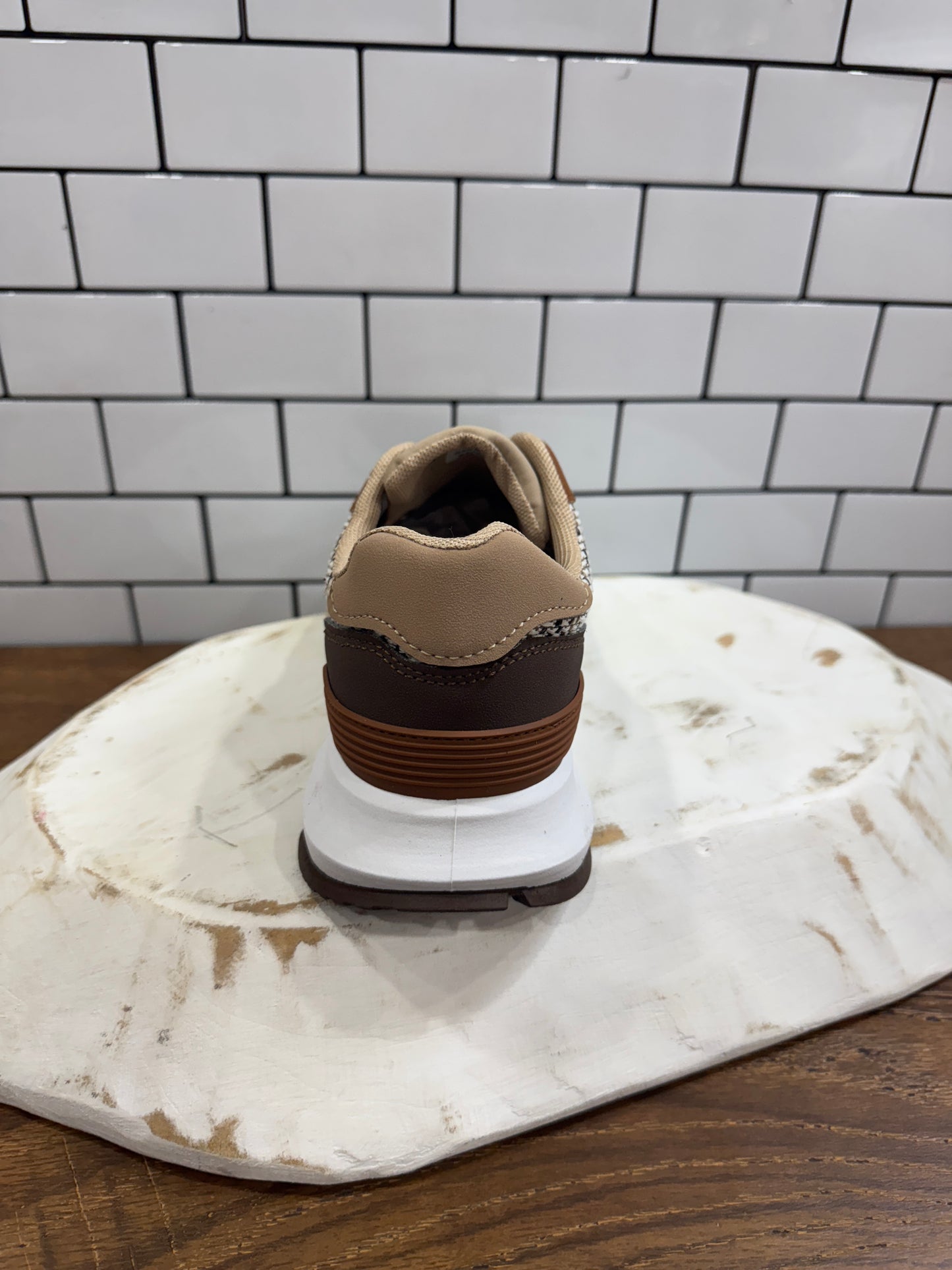 Tan and brown retro patchwork sneakers with houndstooth detail