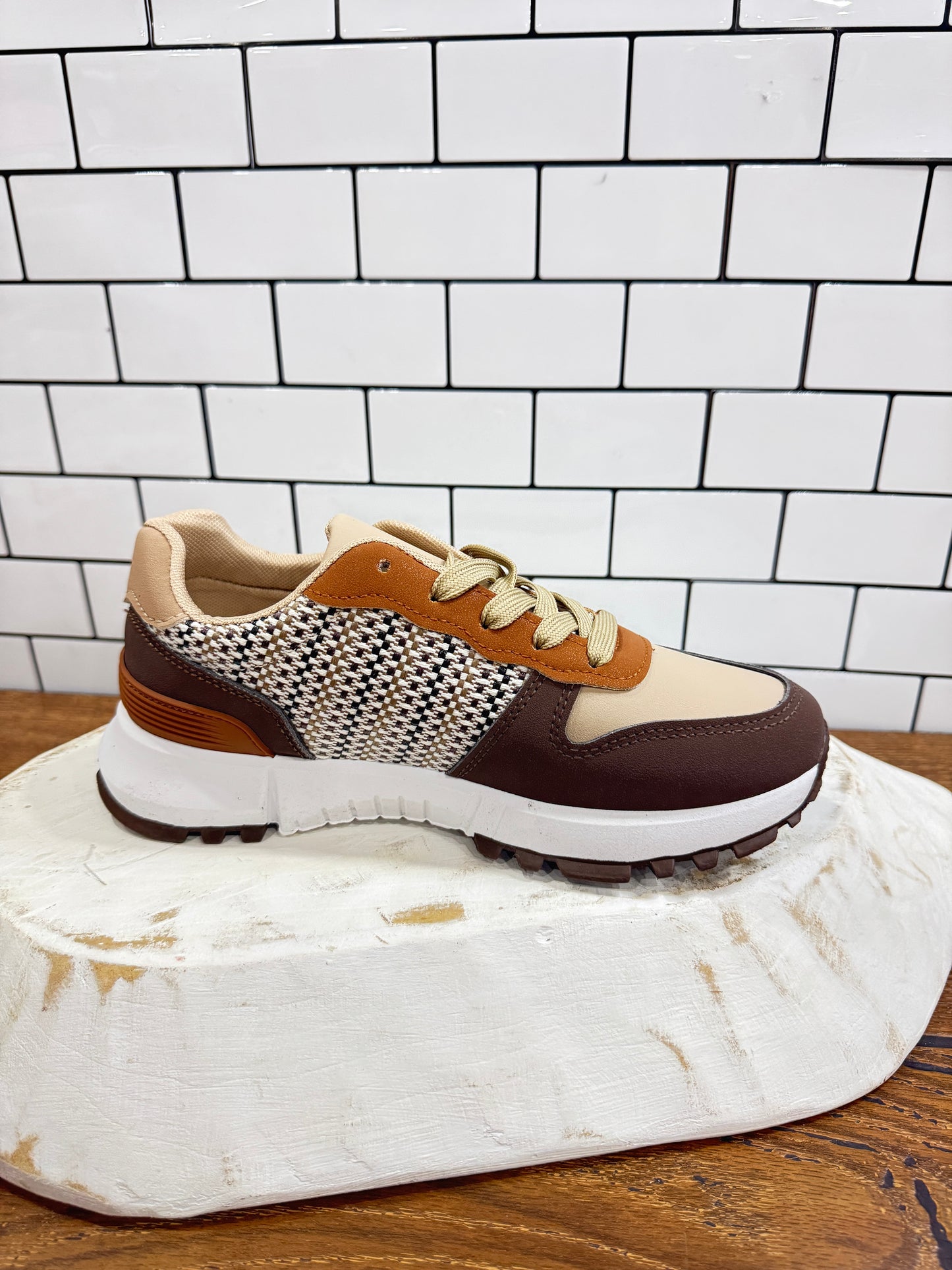 Tan and brown retro patchwork sneakers with houndstooth detail
