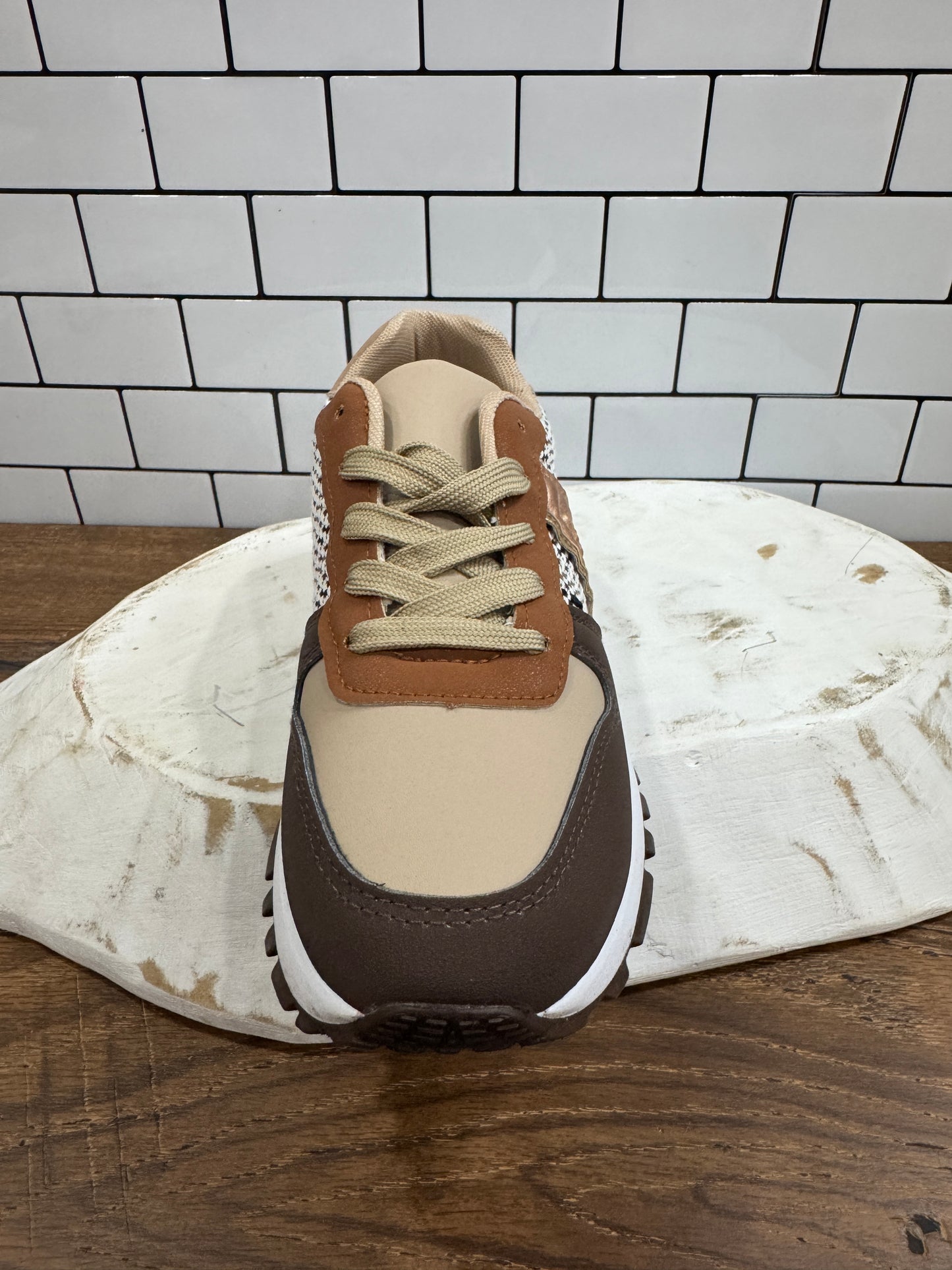 Tan and brown retro patchwork sneakers with houndstooth detail