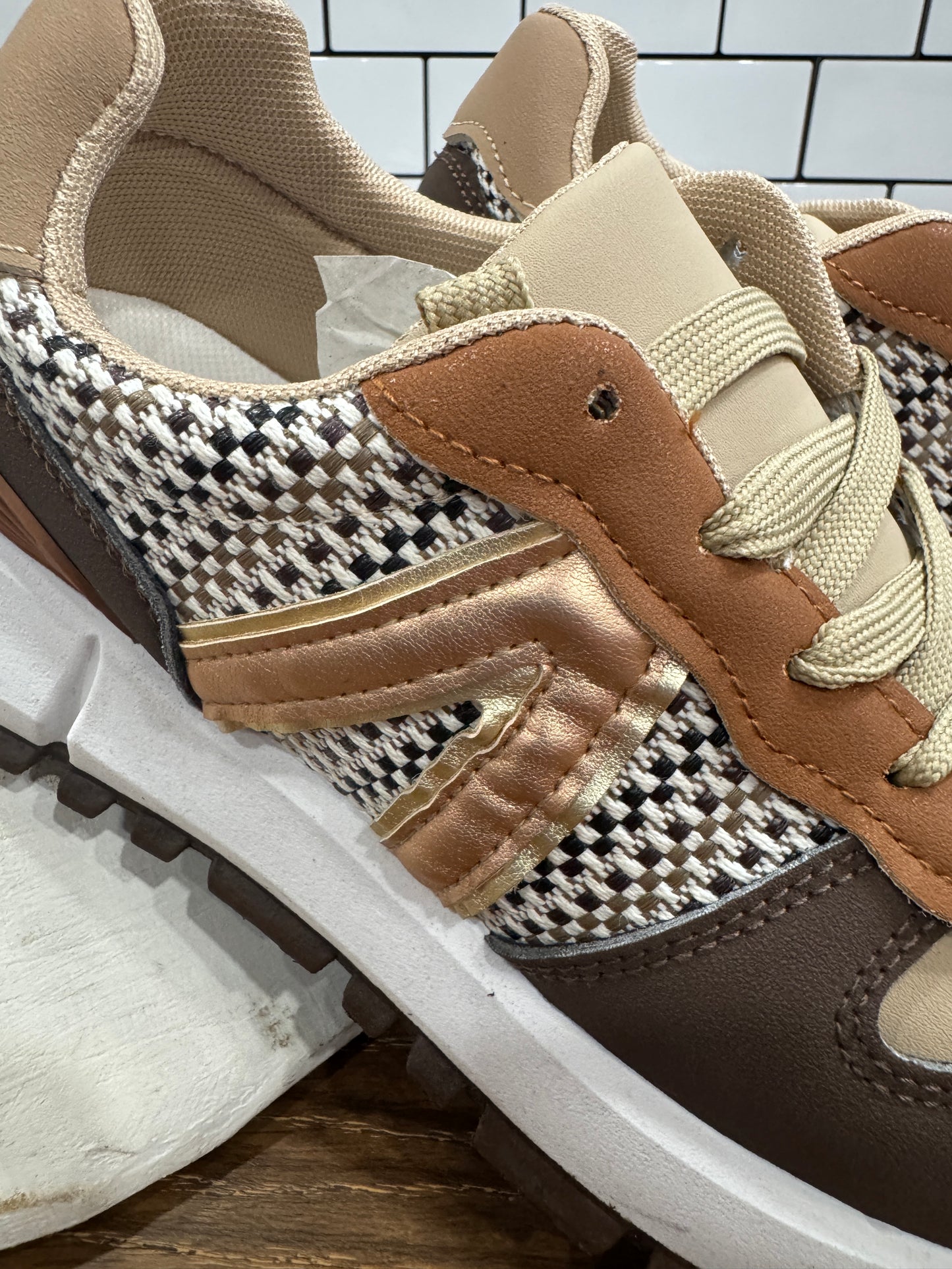Tan and brown retro patchwork sneakers with houndstooth detail
