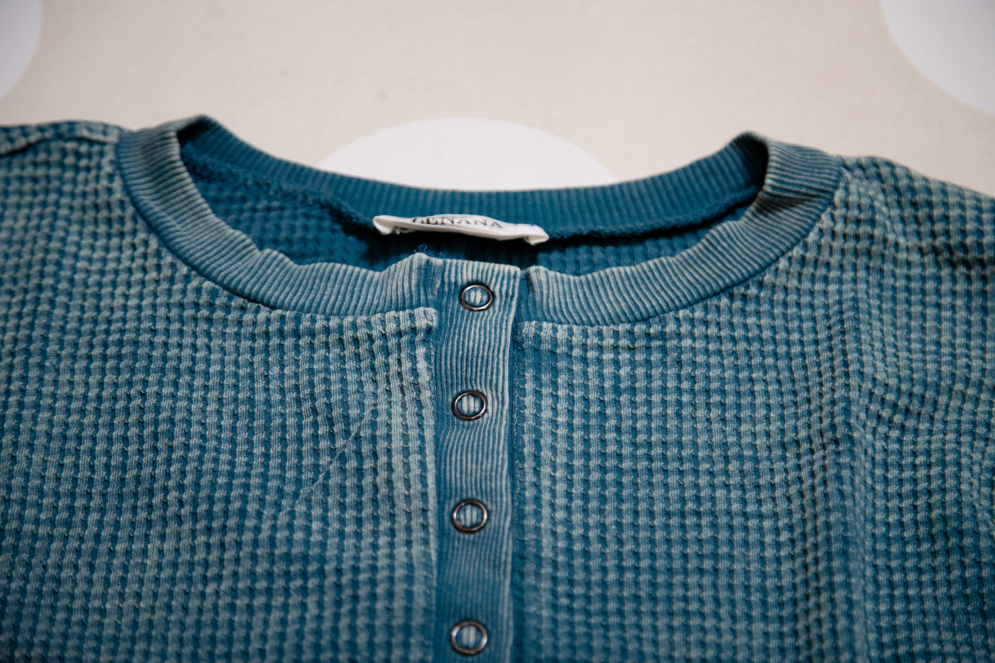Zenana Washed Baby Waffle Henley Top – Long Sleeve in Mocha, Teal & Hot Pink