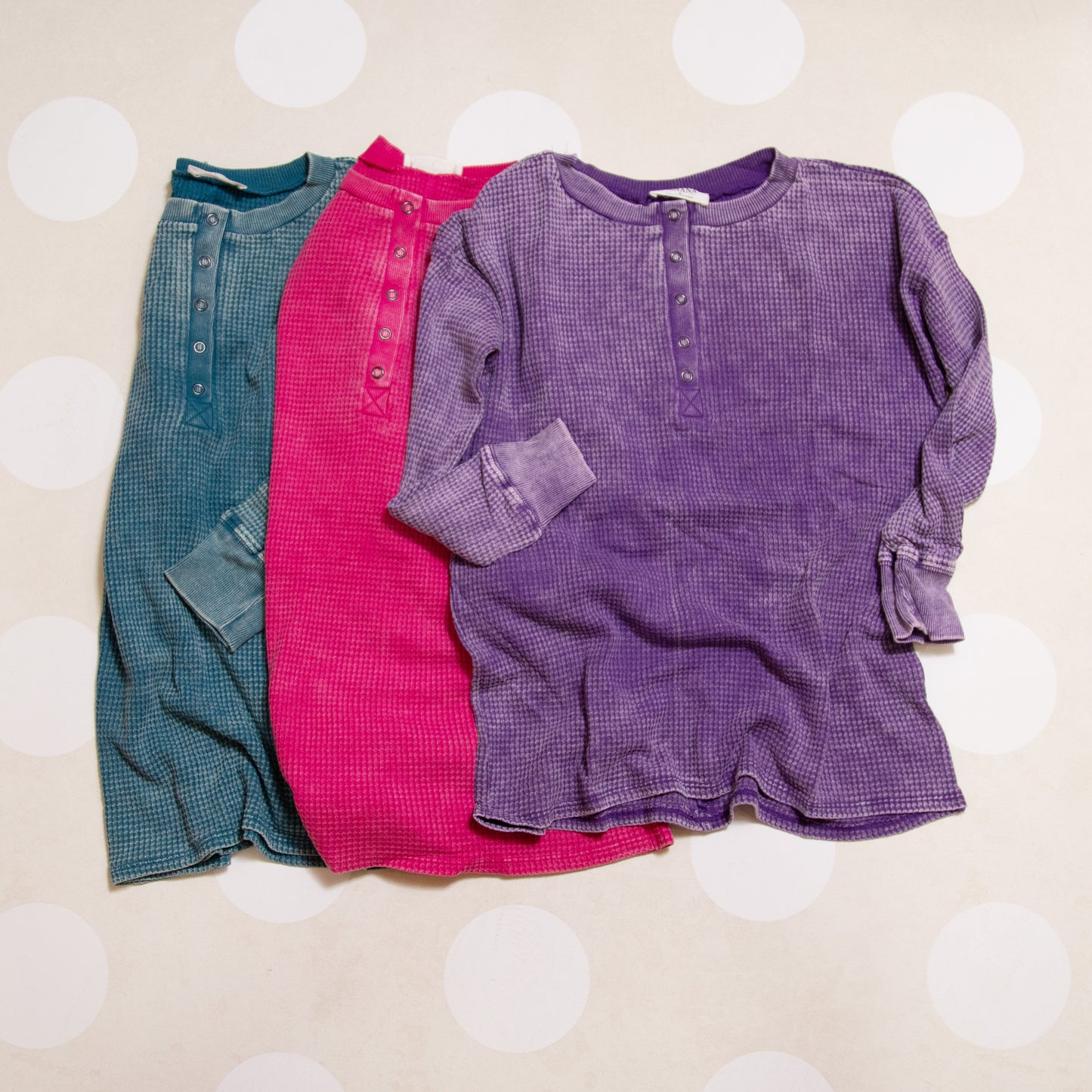 Zenana washed baby waffle Henley top in mocha, teal, and hot pink