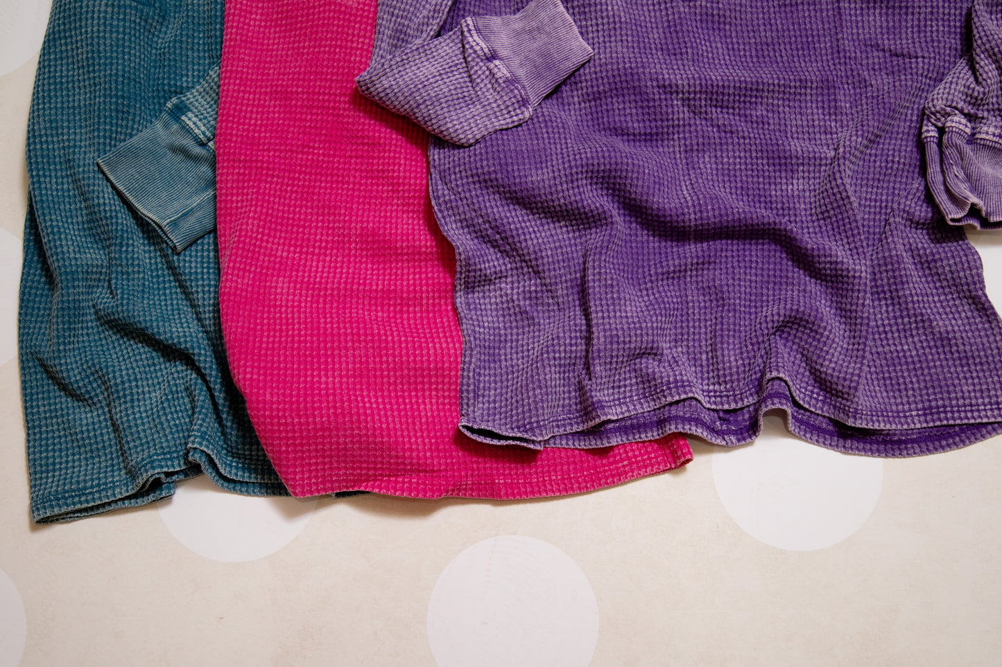 Zenana washed baby waffle Henley top in mocha, teal, and hot pink