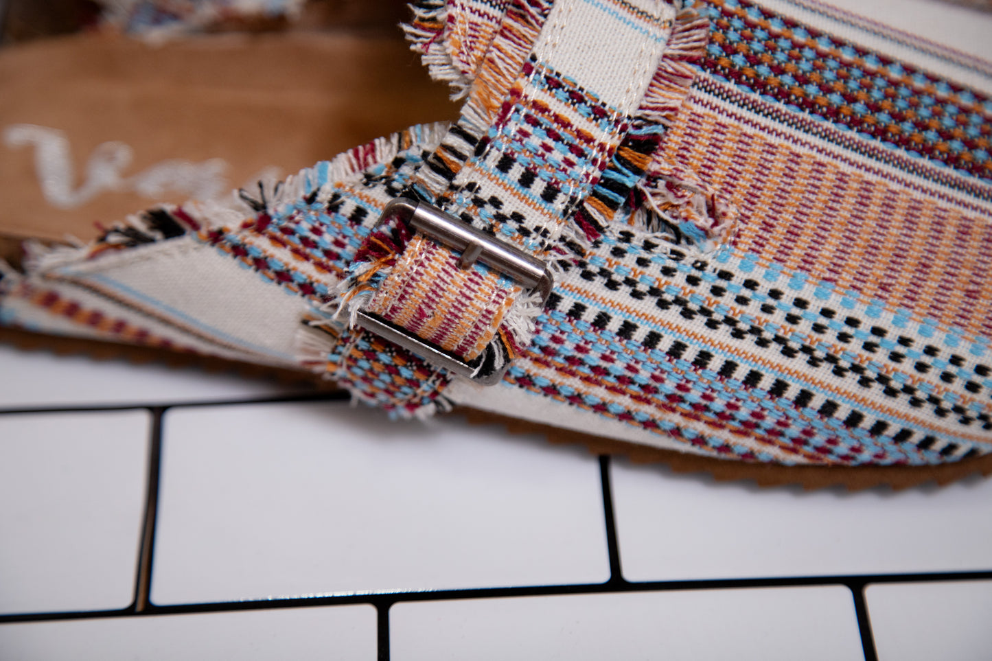 Very G multi-colored striped slip-on mule with buckle