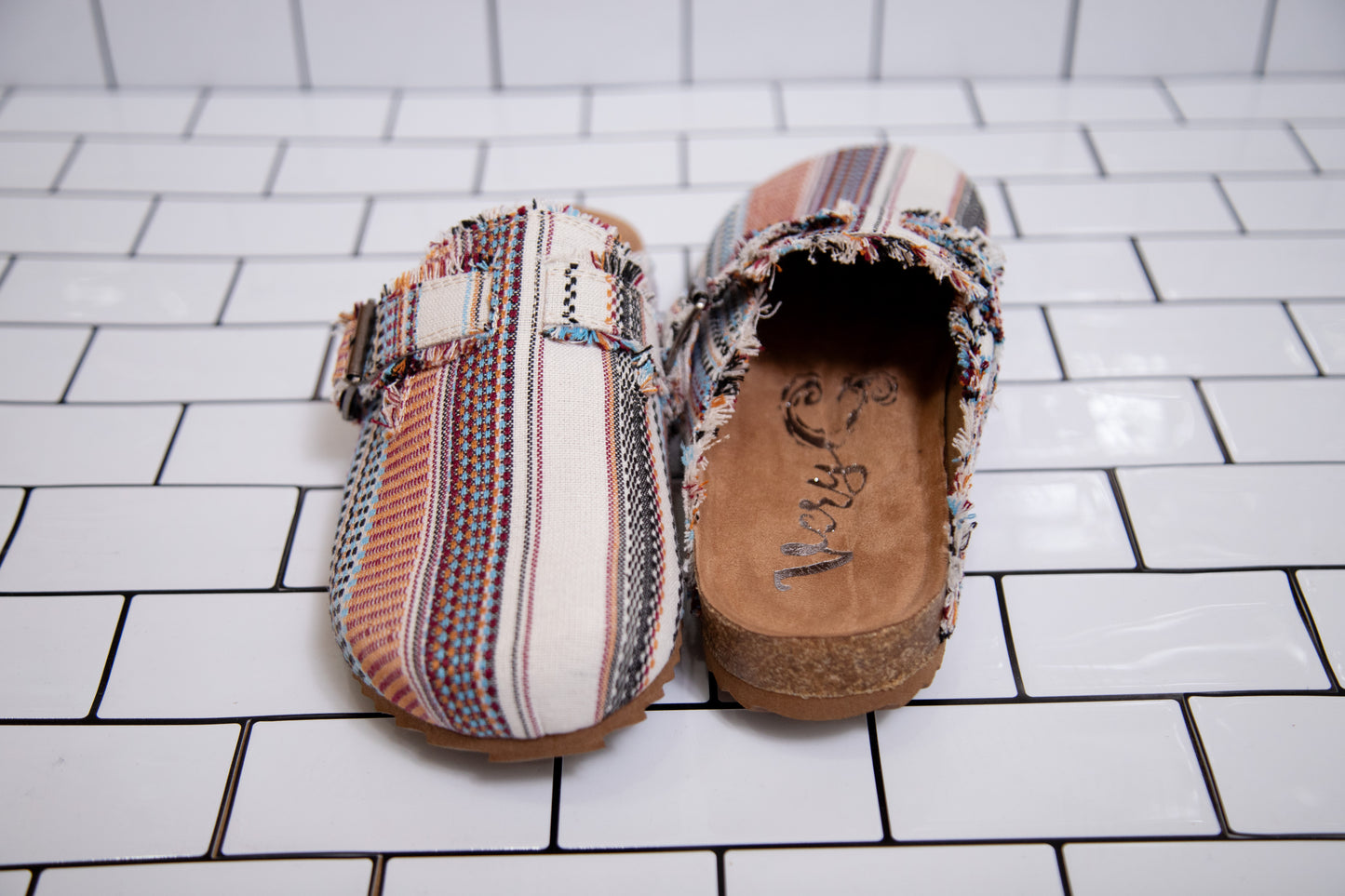 Very G multi-colored striped slip-on mule with buckle