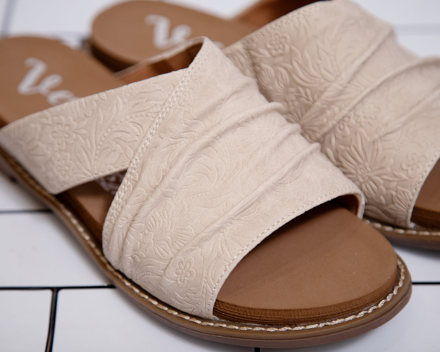 Very G Floral Embossed Slip-On Sandals – Soft Footbed Neutral Slides