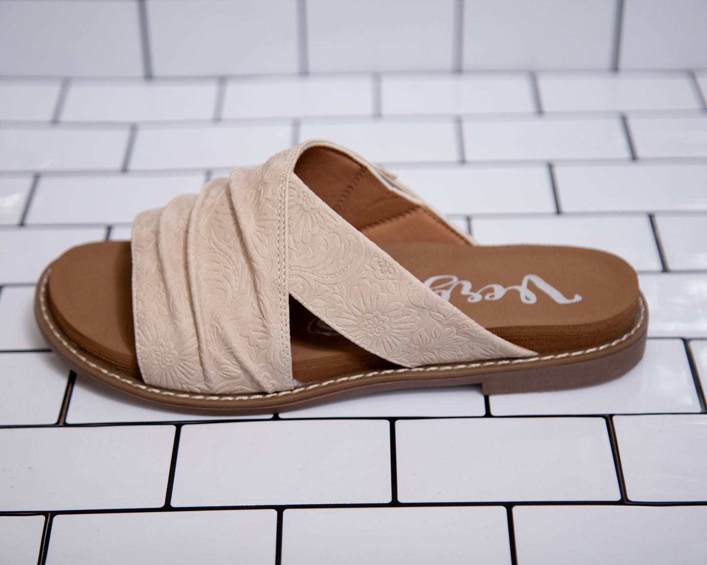 Very G Floral Embossed Slip-On Sandals – Soft Footbed Neutral Slides