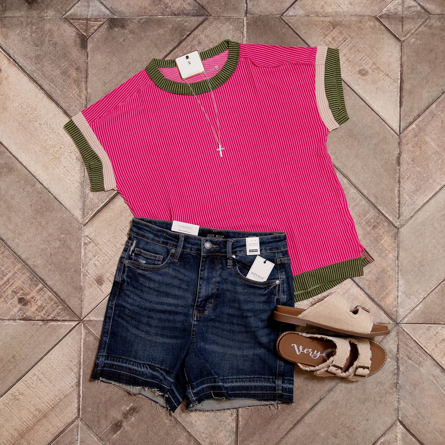 Rose Red Textured T-Shirt – Contrast Trim Round Neck Tee