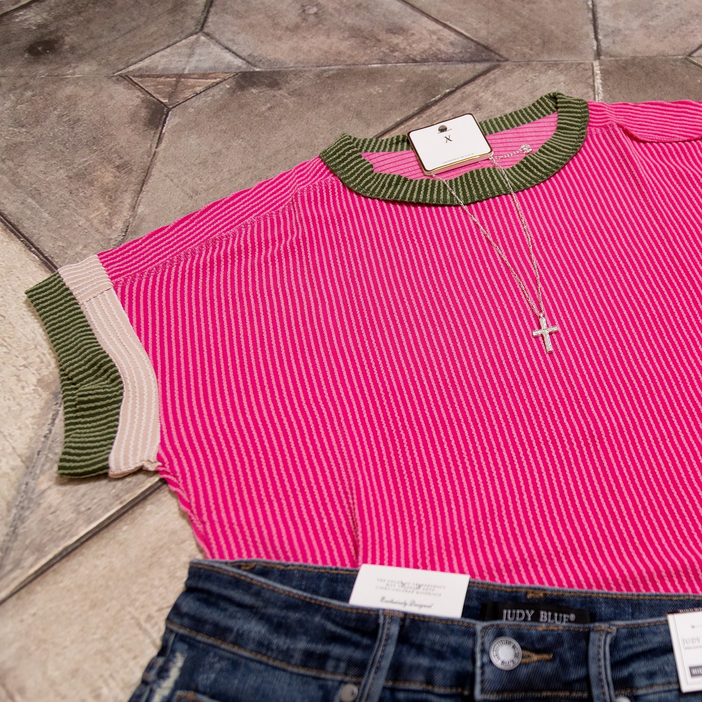 Rose Red Textured T-Shirt – Contrast Trim Round Neck Tee