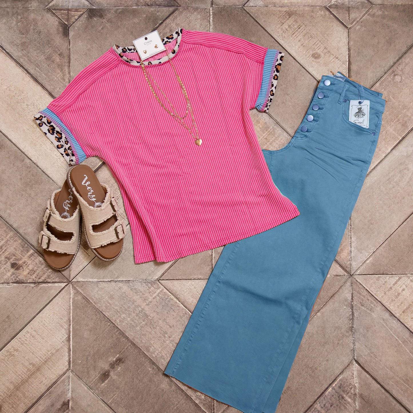 Bonbon Leopard Patchwork Corded Knit Tee – Crew Neck Colorblock T-Shirt