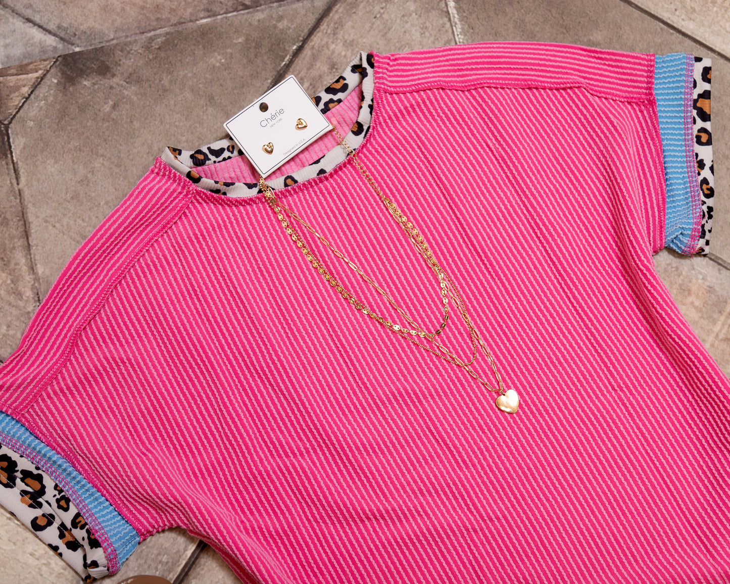 Bonbon Leopard Patchwork Corded Knit Tee – Crew Neck Colorblock T-Shirt