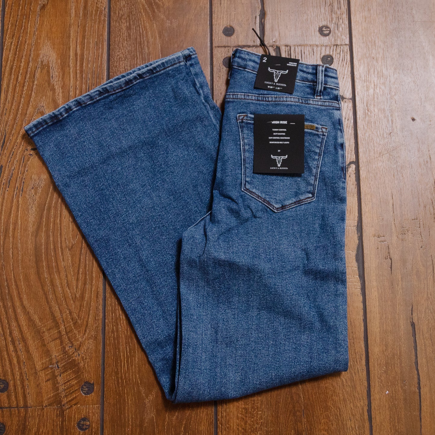 Lucky & Blessed Dark Wash High Rise Wide Leg Jeans β Front Pocket Detail, 32β Inseam JE383