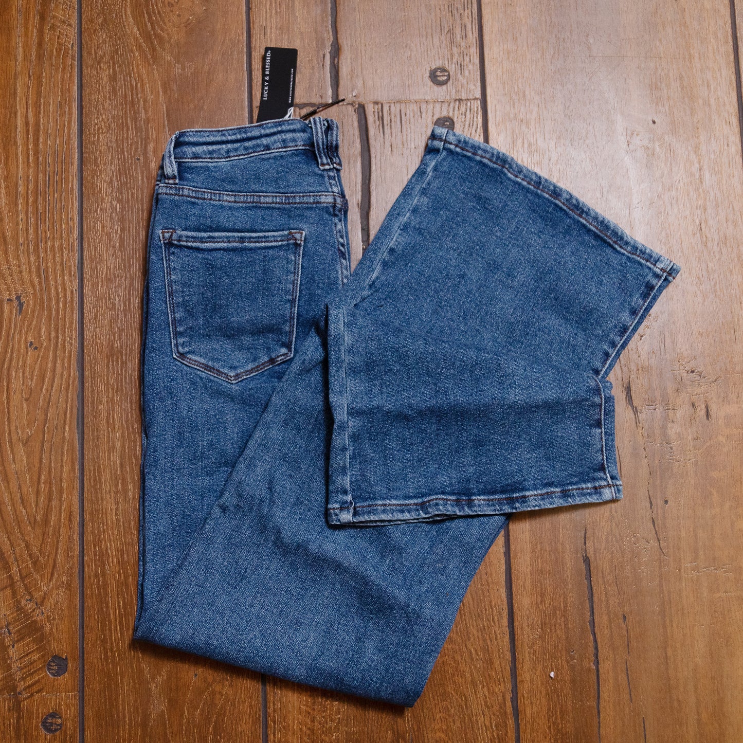 Lucky & Blessed Dark Wash High Rise Wide Leg Jeans β Front Pocket Detail, 32β Inseam JE383