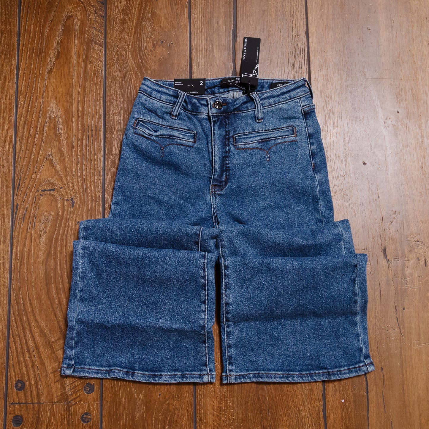 Lucky & Blessed Dark Wash High Rise Wide Leg Jeans β Front Pocket Detail, 32β Inseam JE383