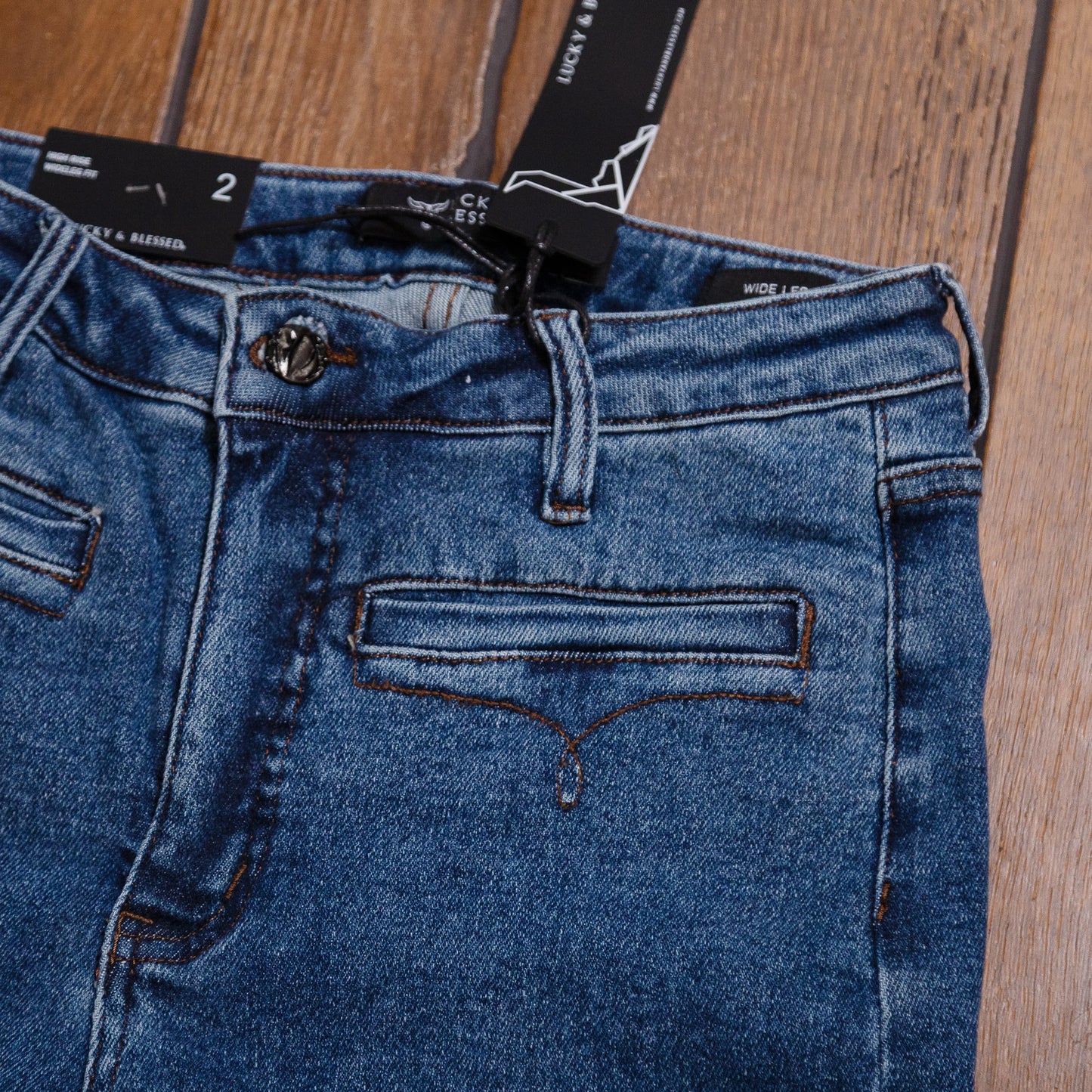 Lucky & Blessed Dark Wash High Rise Wide Leg Jeans β Front Pocket Detail, 32β Inseam JE383