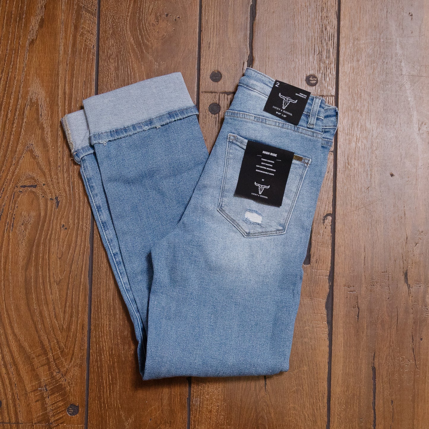 Lucky & Blessed Light Wash High Rise Boyfriend Jeans – 32” Inseam JE274