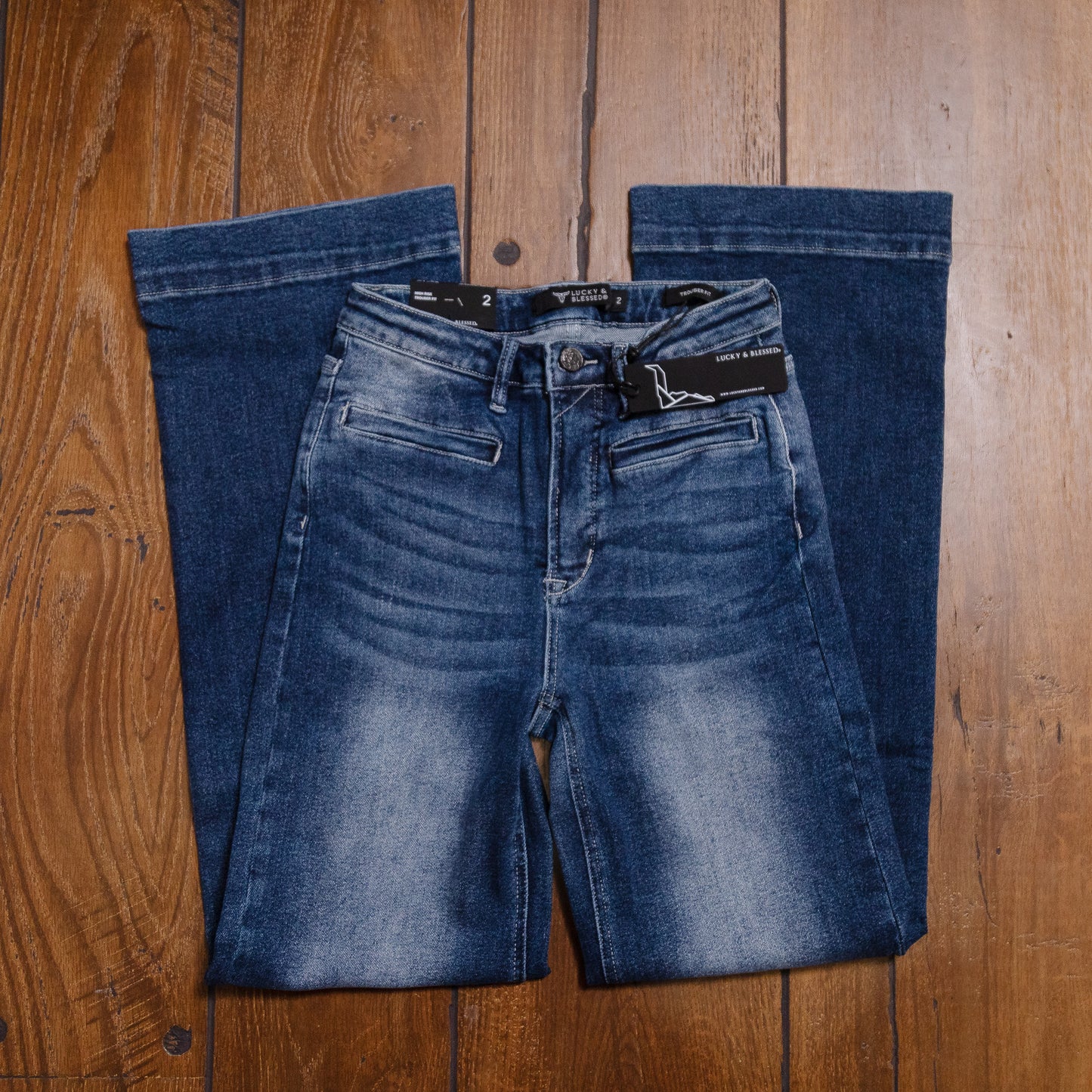 Lucky & Blessed High Rise Trouser Jeans β Dark Wash Western Style, 32β Inseam (Regular & Plus Sizes) JE305