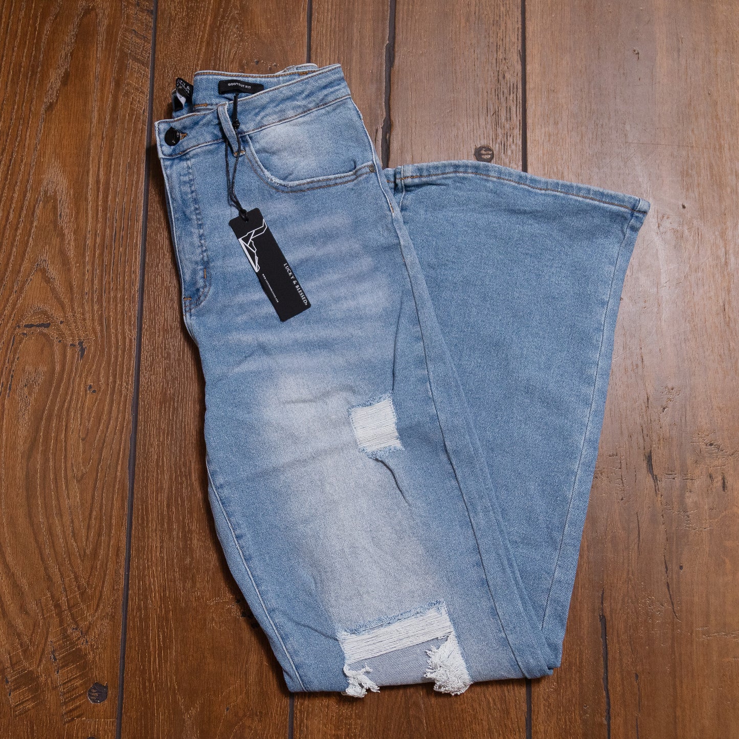 Lucky & Blessed High Rise Distressed Bootcut Jeans β Light Wash, 33.5β Inseam (Plus Size) JE278