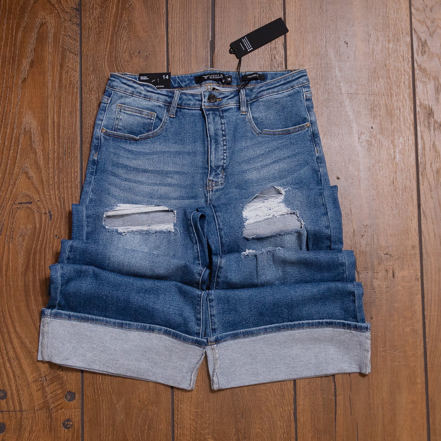 Lucky & Blessed Wide Leg Jeans β Mid Wash, High Rise, Distressed (Plus Size)JE239