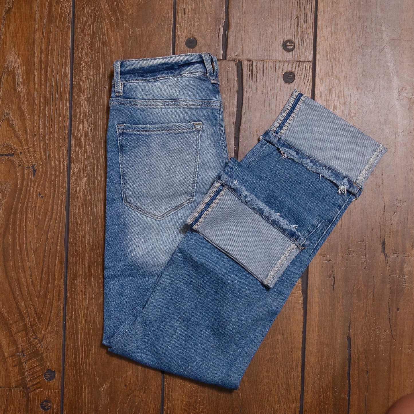Lucky & Blessed Distressed Boyfriend Jeans – Mid Stone Wash, High Rise, 28” Cuffed Inseam JE314 (Regular & Plus Sizes)
