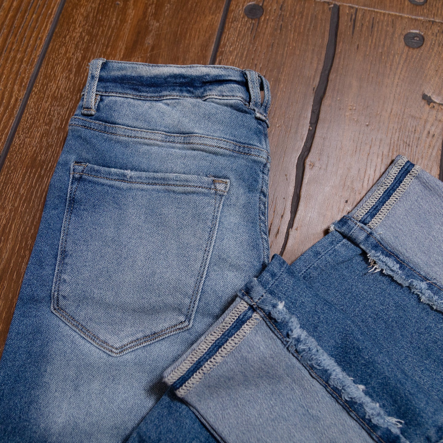 Lucky & Blessed Distressed Boyfriend Jeans – Mid Stone Wash, High Rise, 28” Cuffed Inseam JE314 (Regular & Plus Sizes)