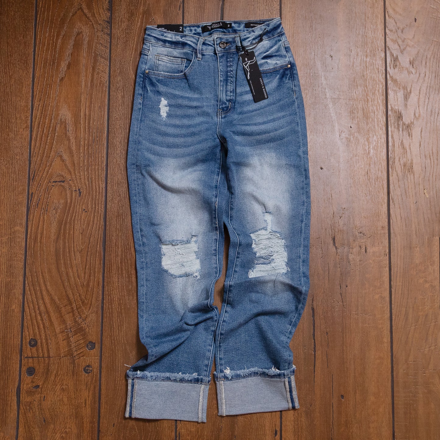 Lucky & Blessed Distressed Boyfriend Jeans – Mid Stone Wash, High Rise, 28” Cuffed Inseam JE314 (Regular & Plus Sizes)