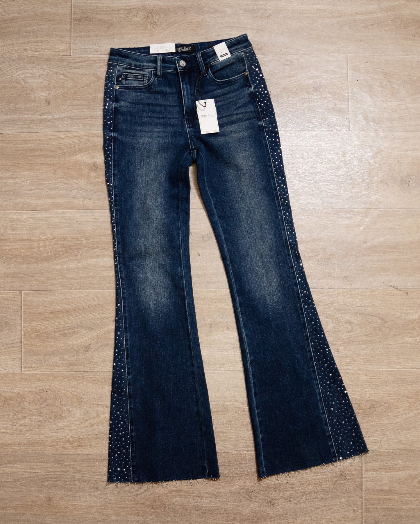 Judy Blue Dark Wash Rhinestone Side Panel Flare Jeans – Sparkle, Stretch & Show-Stopping Style
