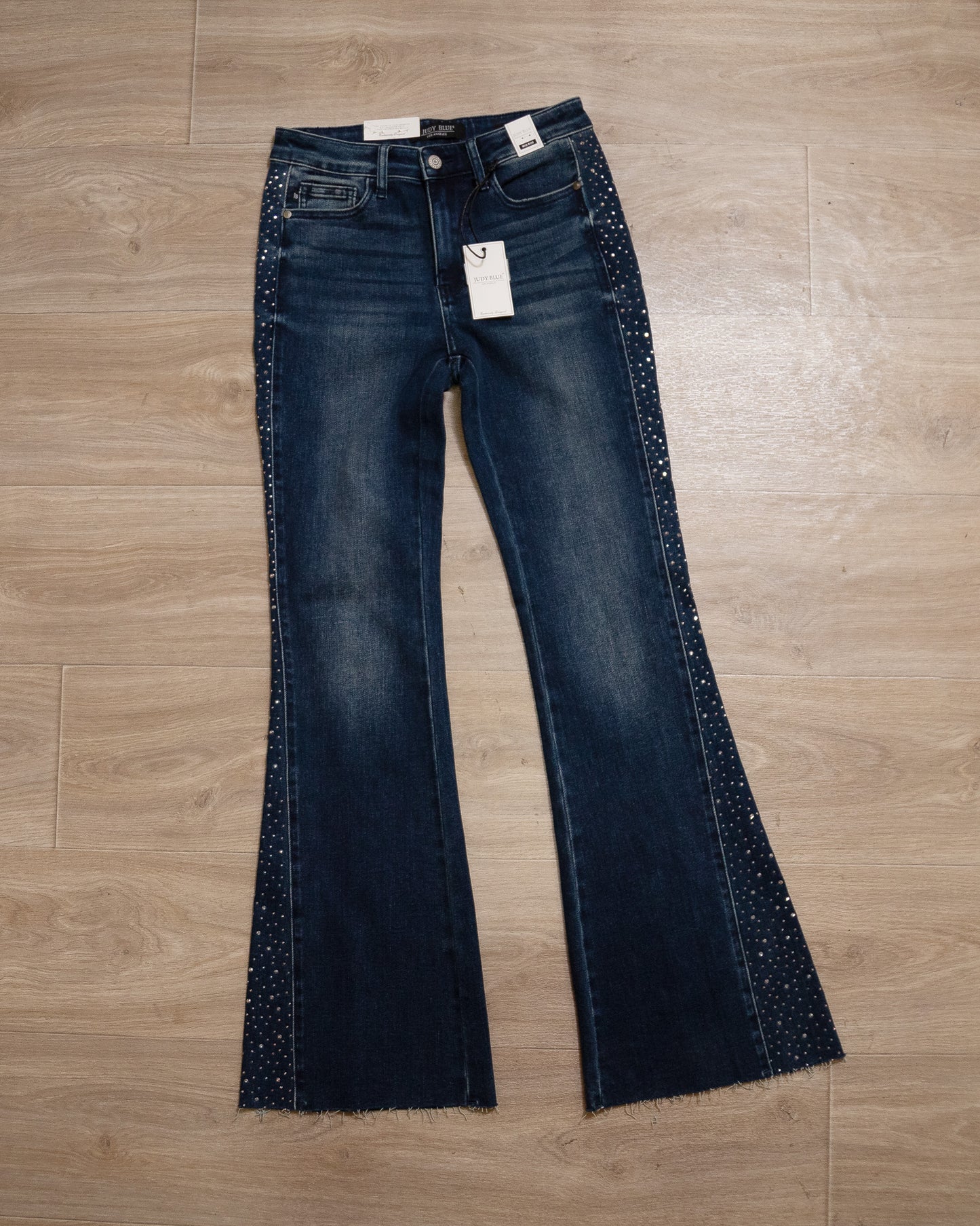 Judy Blue Dark Wash Rhinestone Side Panel Flare Jeans – Sparkle, Stretch & Show-Stopping Style