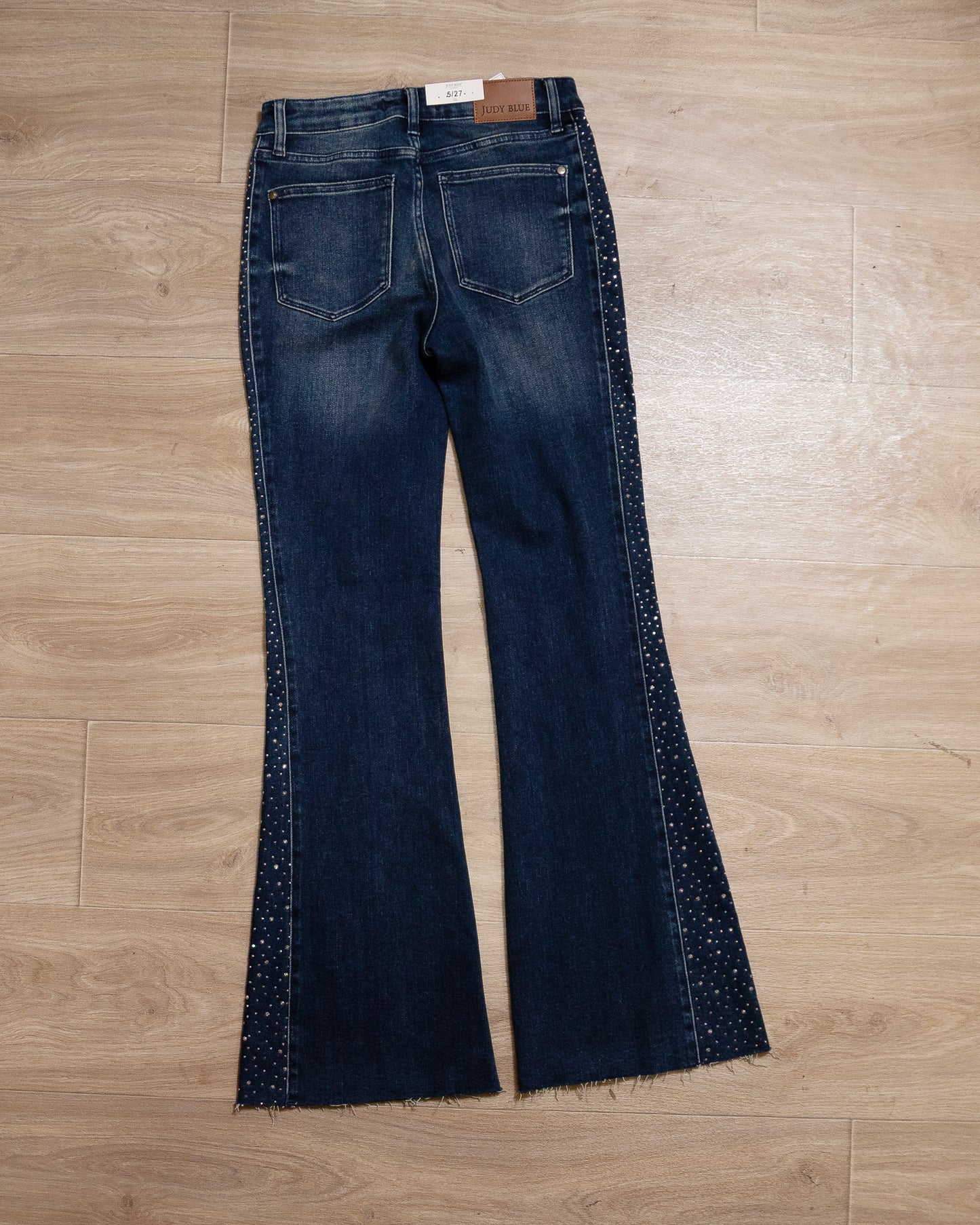 Judy Blue Dark Wash Rhinestone Side Panel Flare Jeans – Sparkle, Stretch & Show-Stopping Style