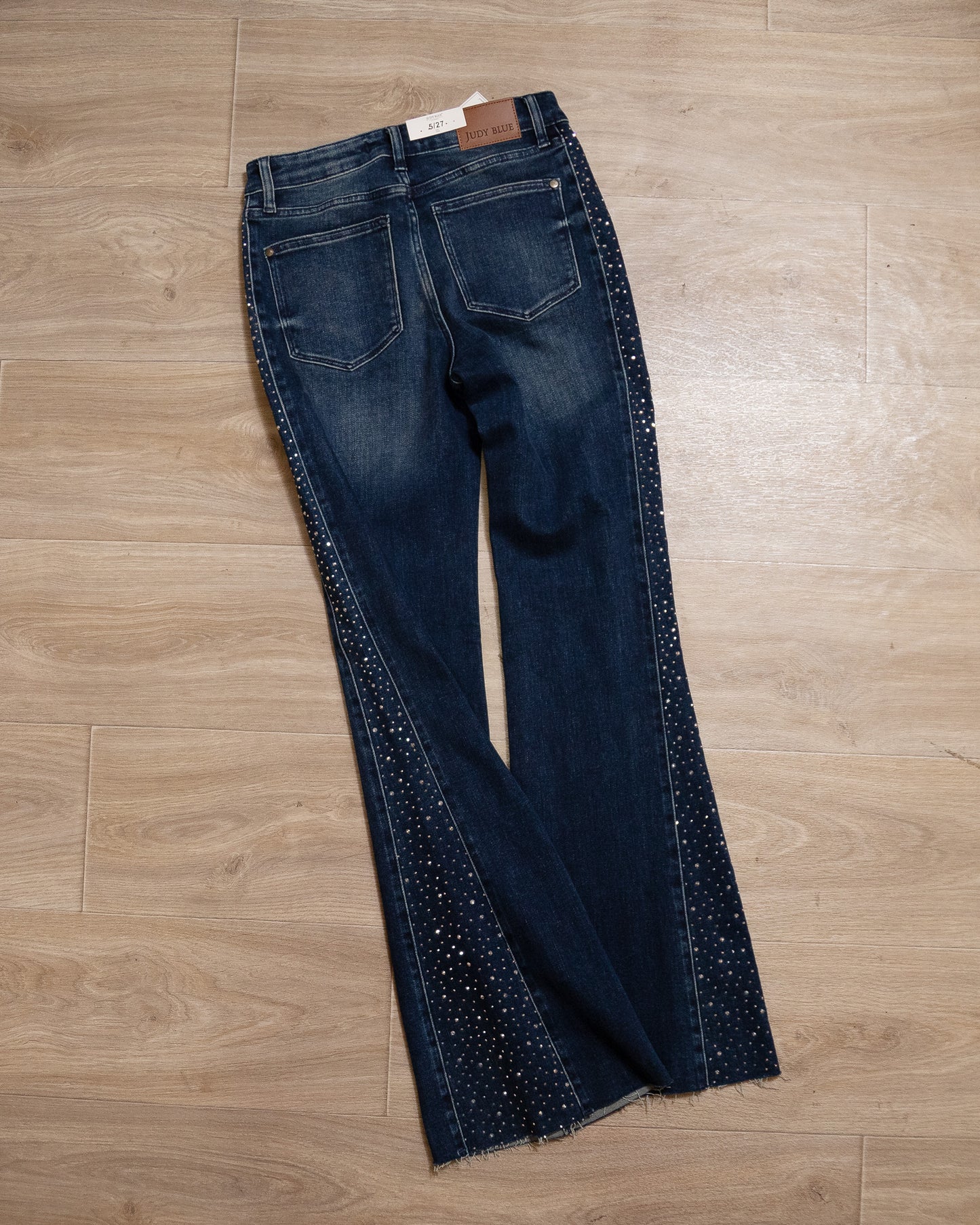 Judy Blue Dark Wash Rhinestone Side Panel Flare Jeans – Sparkle, Stretch & Show-Stopping Style
