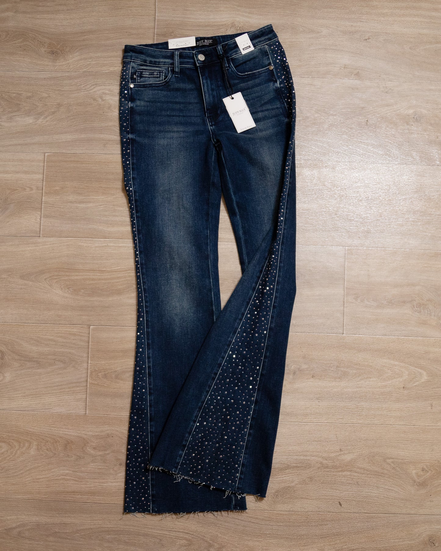 Judy Blue Dark Wash Rhinestone Side Panel Flare Jeans – Sparkle, Stretch & Show-Stopping Style