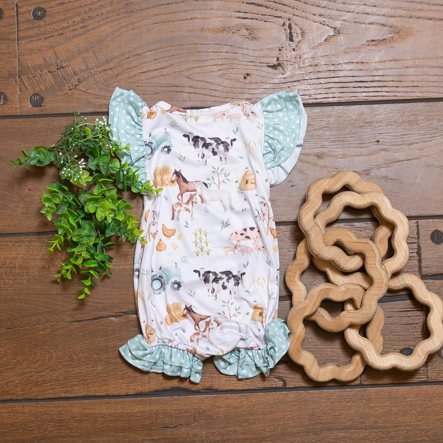 Hobby Farm Baby Romper | Boutique Farm Print Baby Romper by Clove Cottage