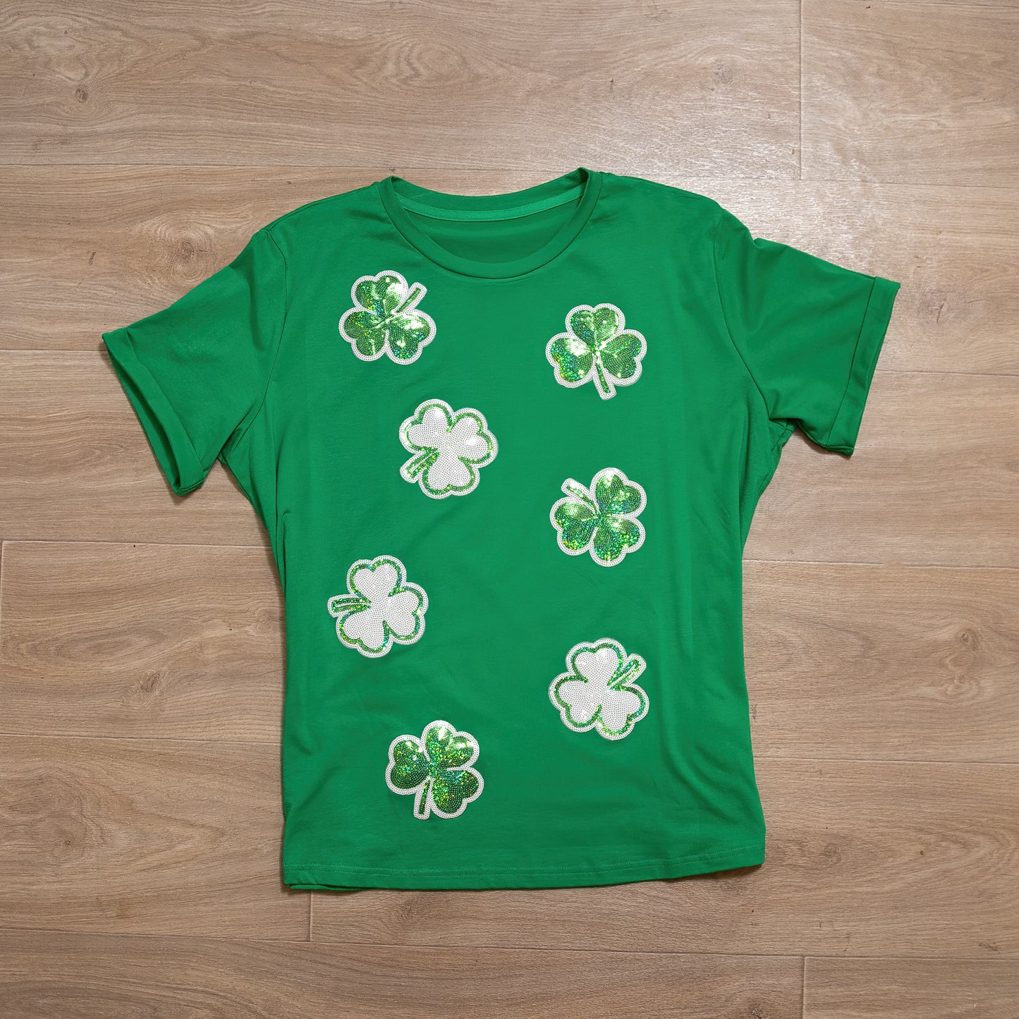 Bright Green Sequined Clover Tee – Glimmering Shamrock Style