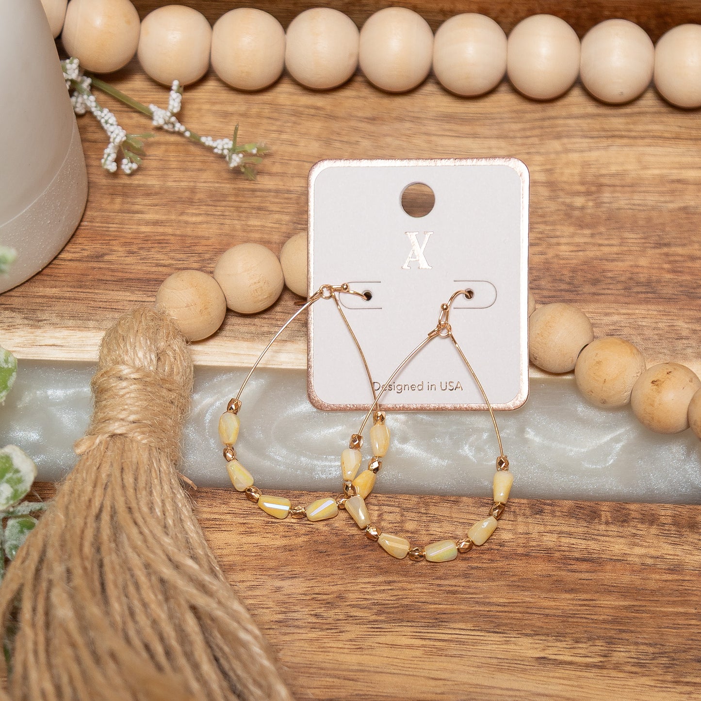 Sunlit Bead Teardrop Earrings | Ivory Gold Wire Statement Earrings