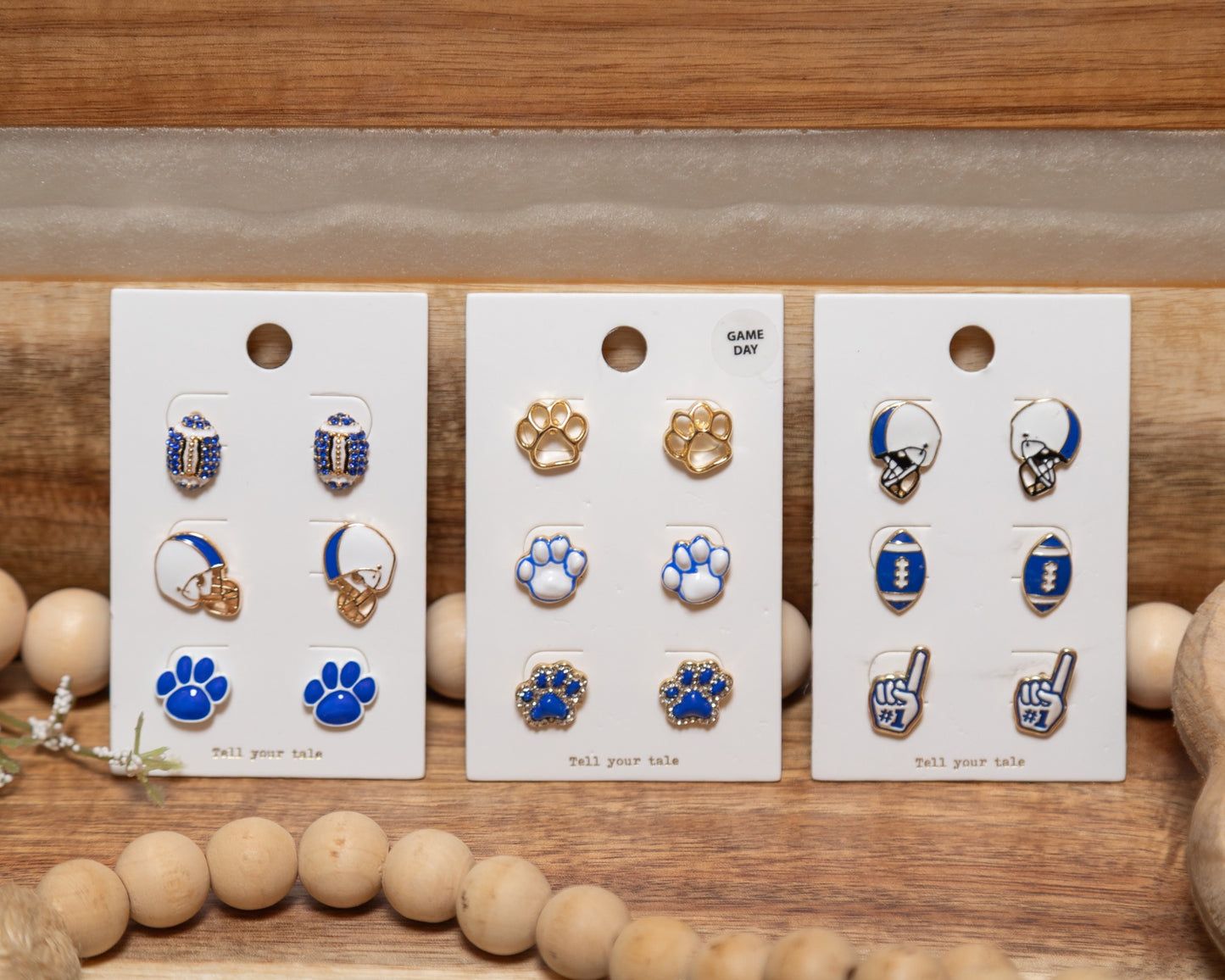 Blue Game Day Earring Trio Set | Football & Paw Print Stud Earrings