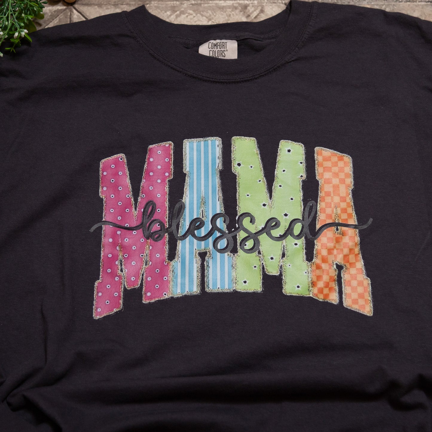 Blessed Mama Graphic Tee | Colorful Patchwork Mama Shirt