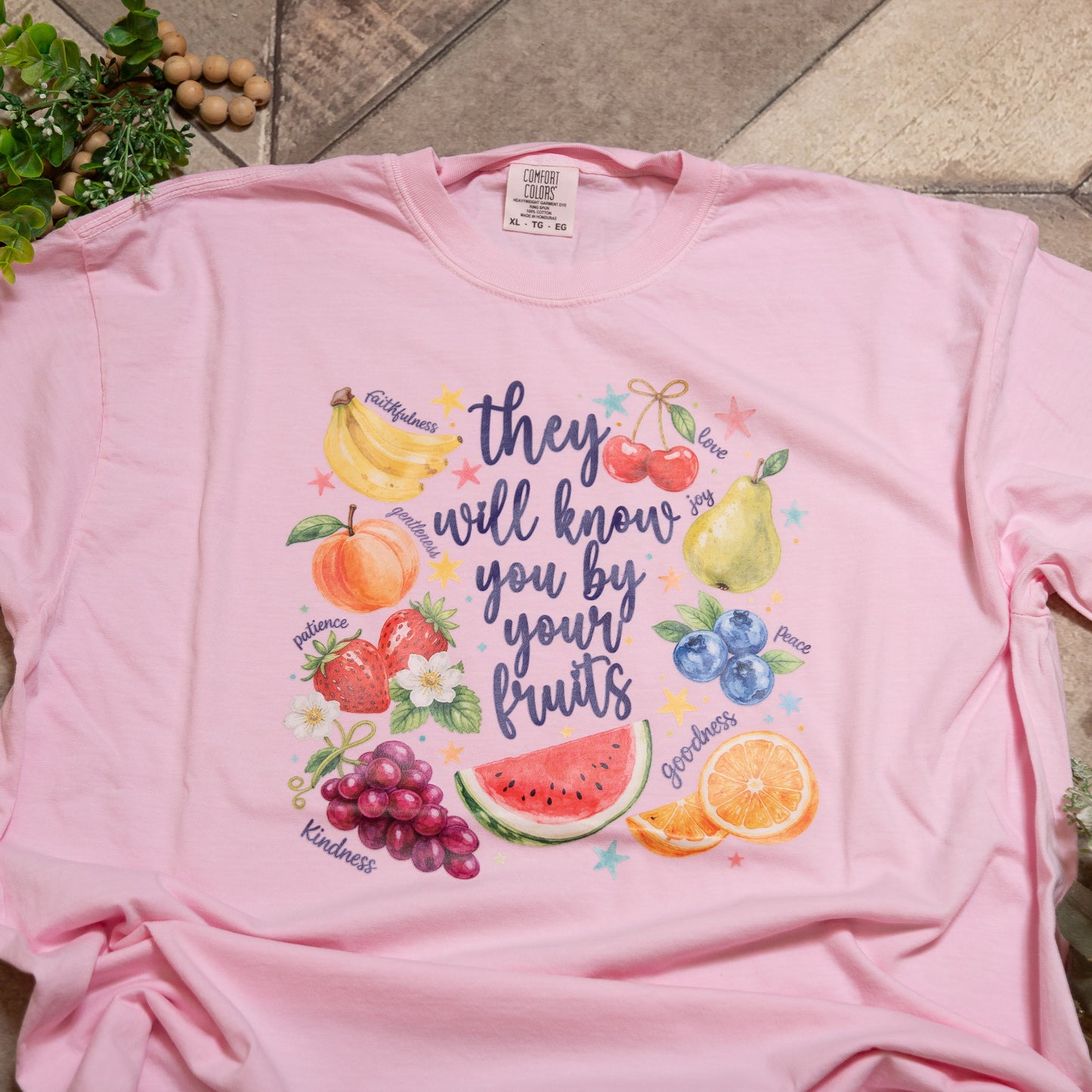 They Will Know You By Your Fruits Graphic Tee | Pink Comfort Colors Christian Shirt