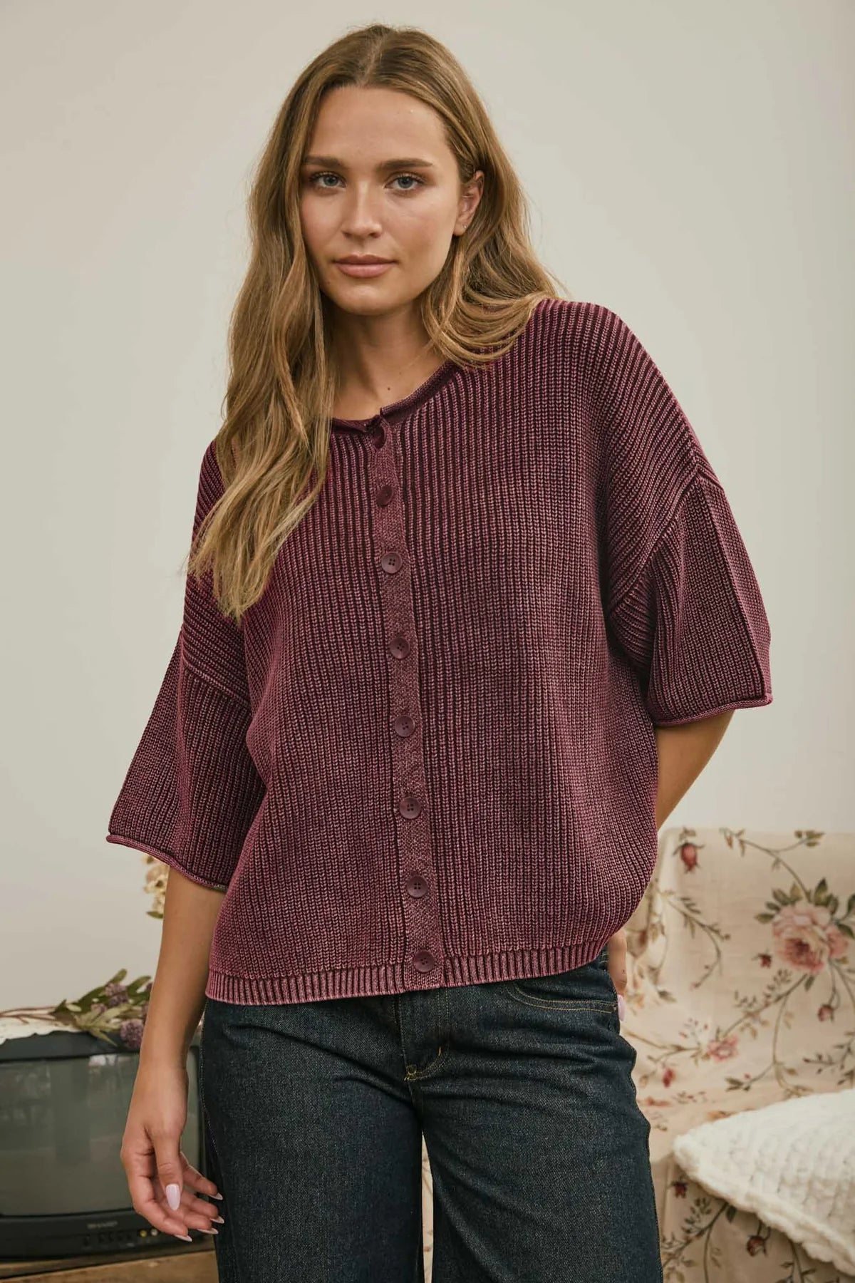 Burgundy Button-Down Knit Top | Washed Cotton Boxy Cardigan Top