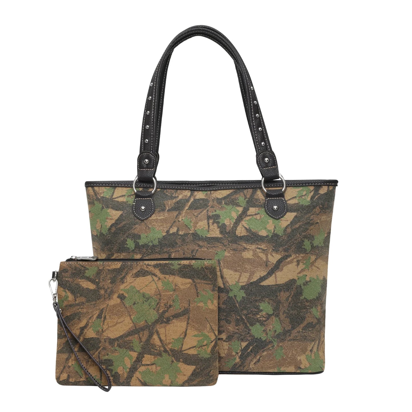 Montana West Camo Print Canvas Tote with Matching Clutch – PU Trimmed Camo Bag Set