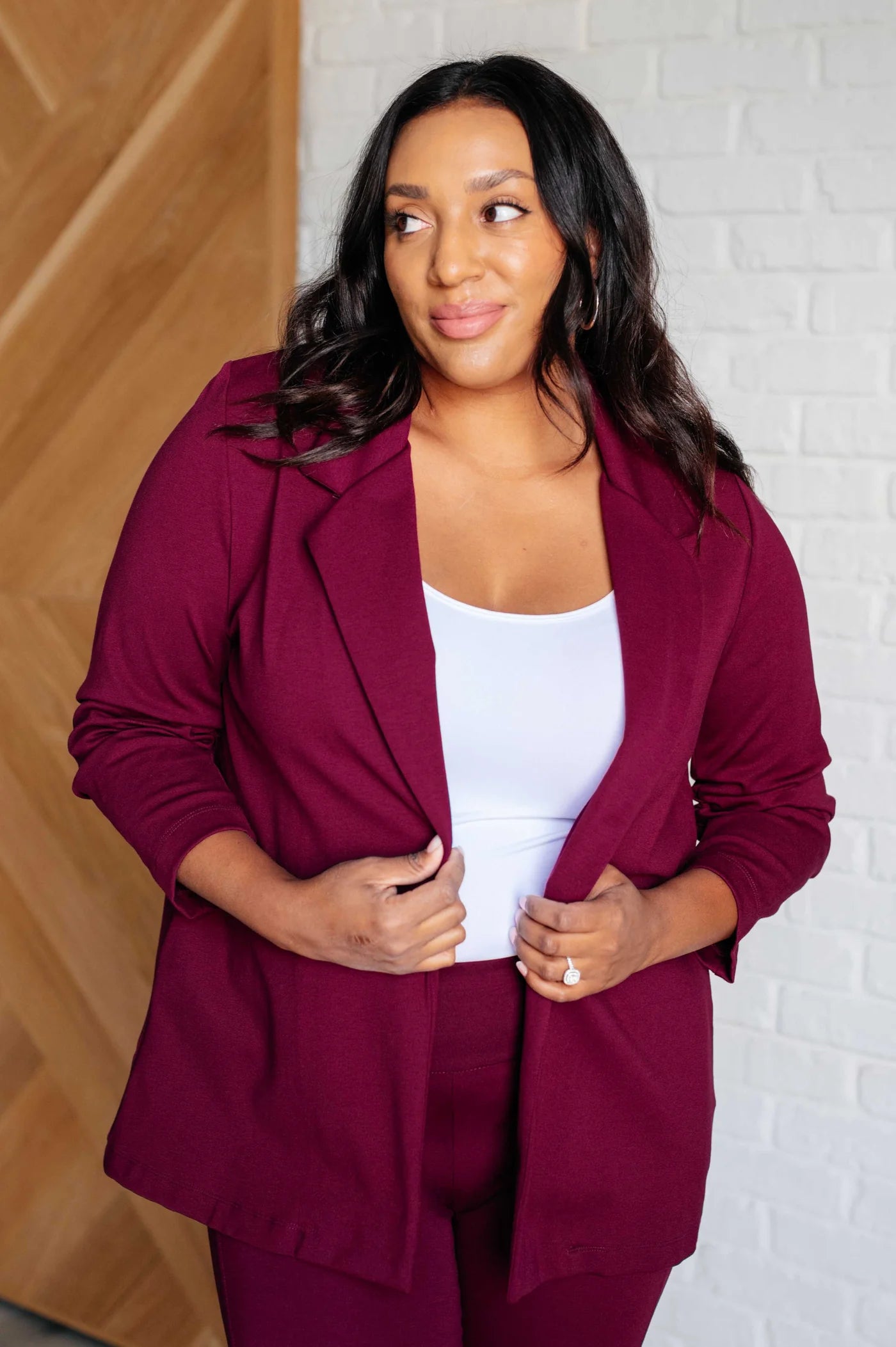 “Dear Scarlett Magic Ponte Blazer with ¾ ruched sleeves”
“Stretch blazer open front in soft double-knit”
“Tailored yet cozy blazer – Dear Scarlett Magic Blazer”