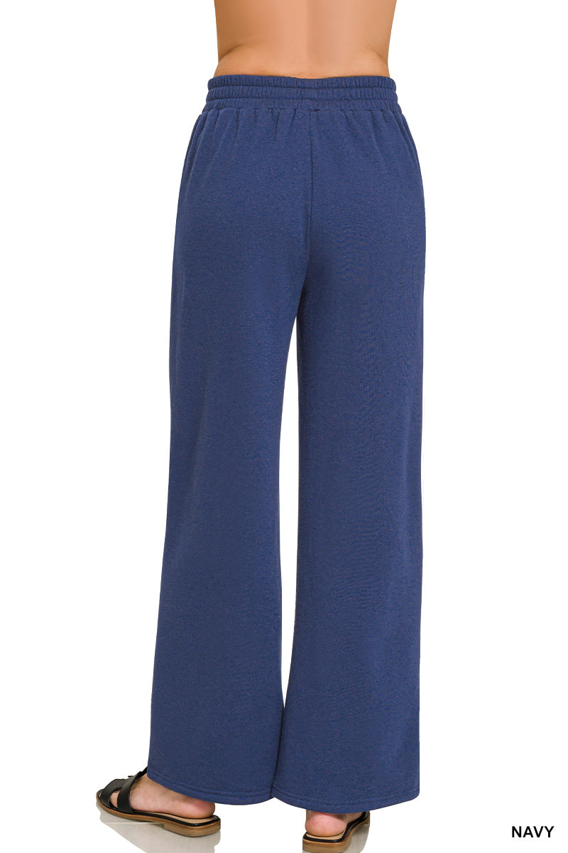 Zenana Fleece Wide Leg Pants with Pockets | Elastic Waist Lounge Pants