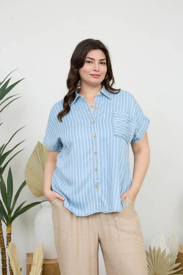 PLUS STRIPE CHAMBRAY SHORT SLEEVE BUTTON DOWN BLU PEPPER