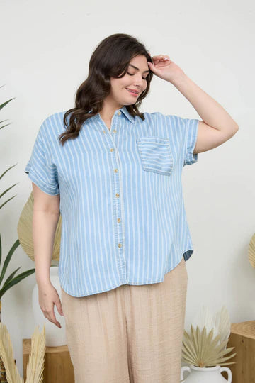 PLUS STRIPE CHAMBRAY SHORT SLEEVE BUTTON DOWN BLU PEPPER