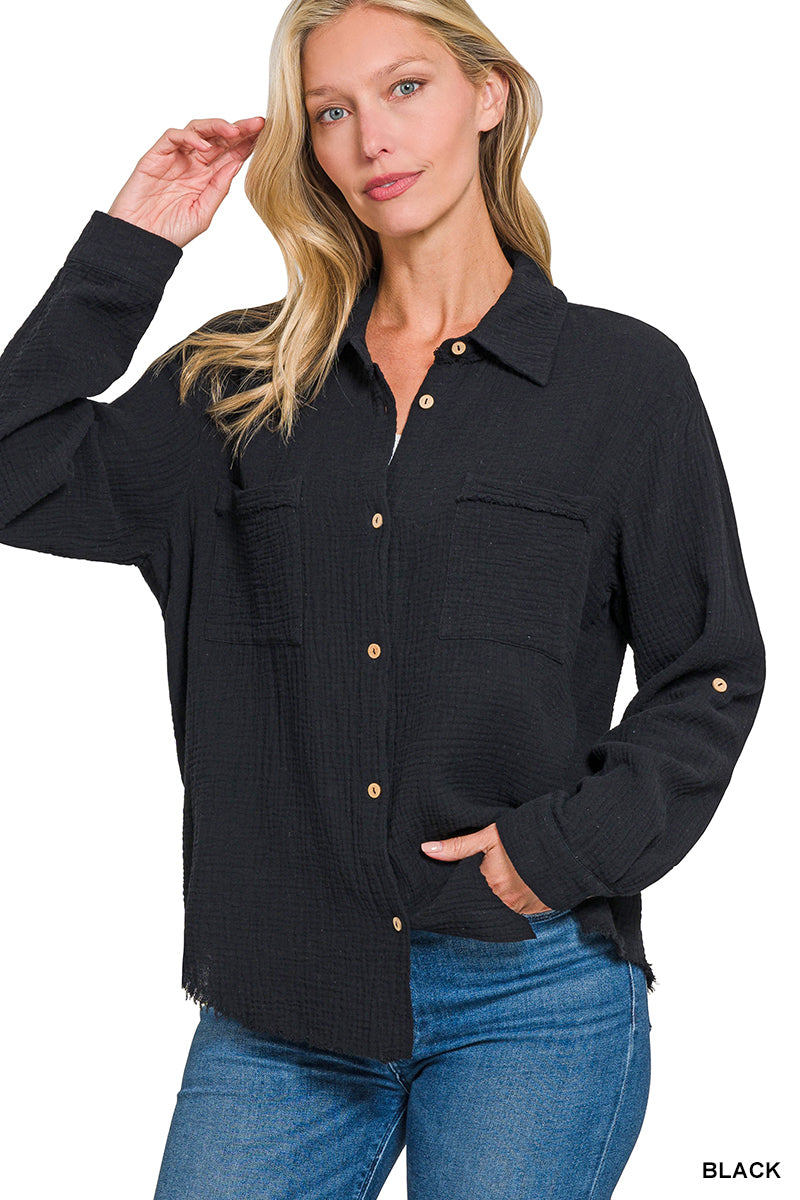 Zenana double gauze long sleeve button down shirt with roll-up tab sleeves
Close-up of double gauze texture and patch pocket detail
Front view of lightweight cotton roll-up shirt