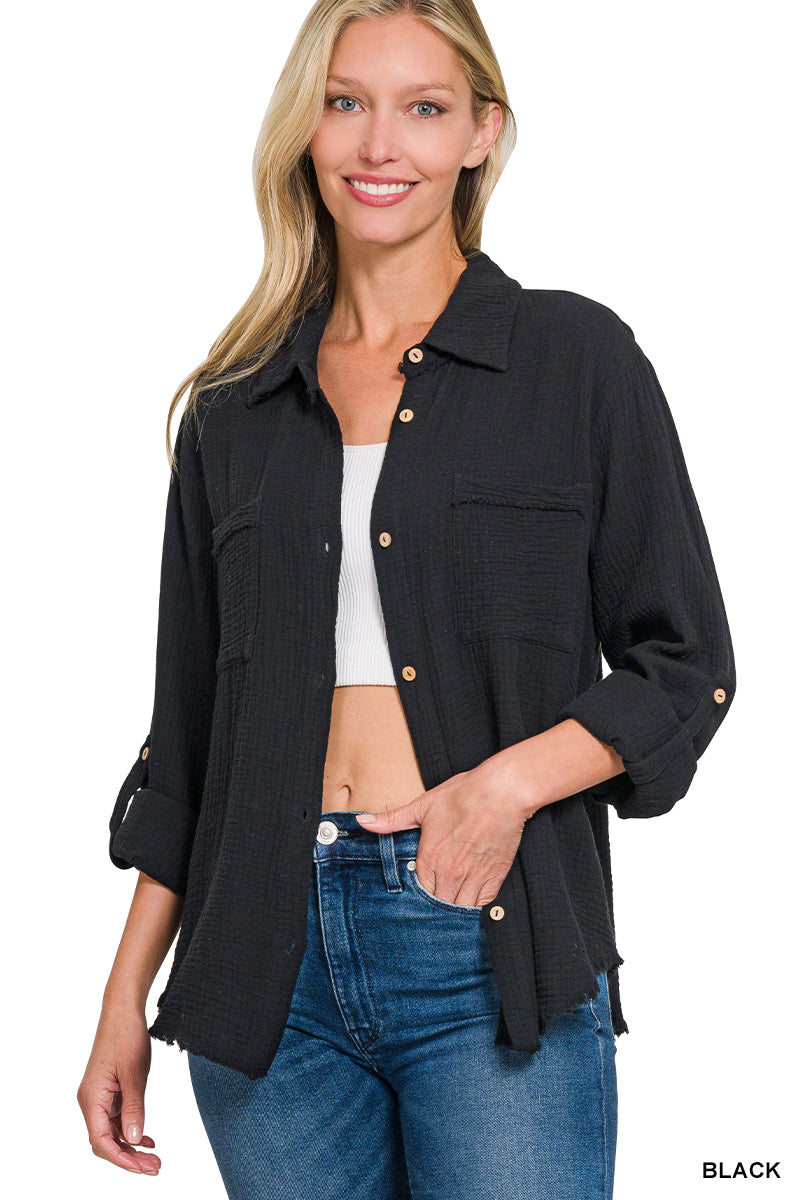 Zenana double gauze long sleeve button down shirt with roll-up tab sleeves
Close-up of double gauze texture and patch pocket detail
Front view of lightweight cotton roll-up shirt